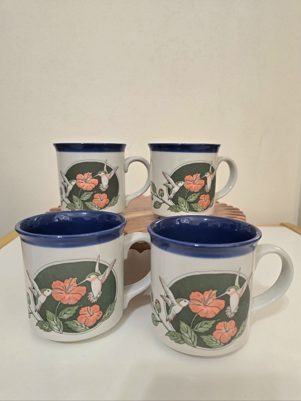 Vintage Otagiri Japan Embossed Hummingbirds Hibiscus Coffee Mug Tea Cup Set Of 4